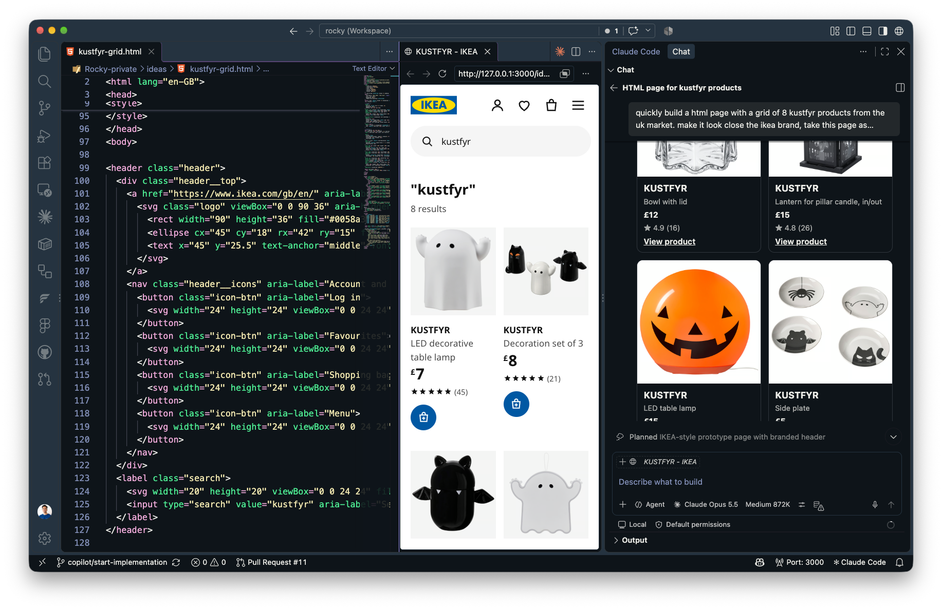 Claude Code next to a browser running an IKEA product search prototype