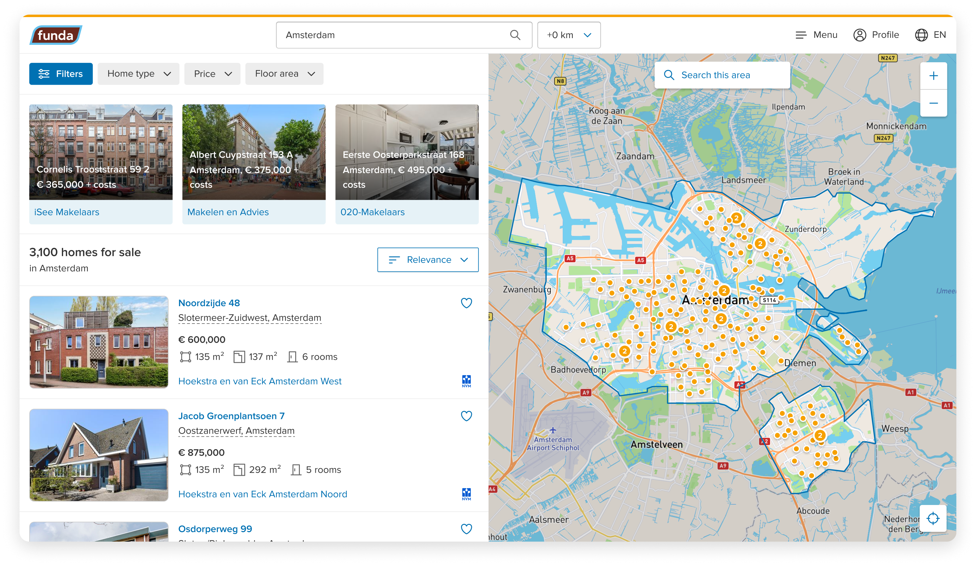 Funda home search results with map