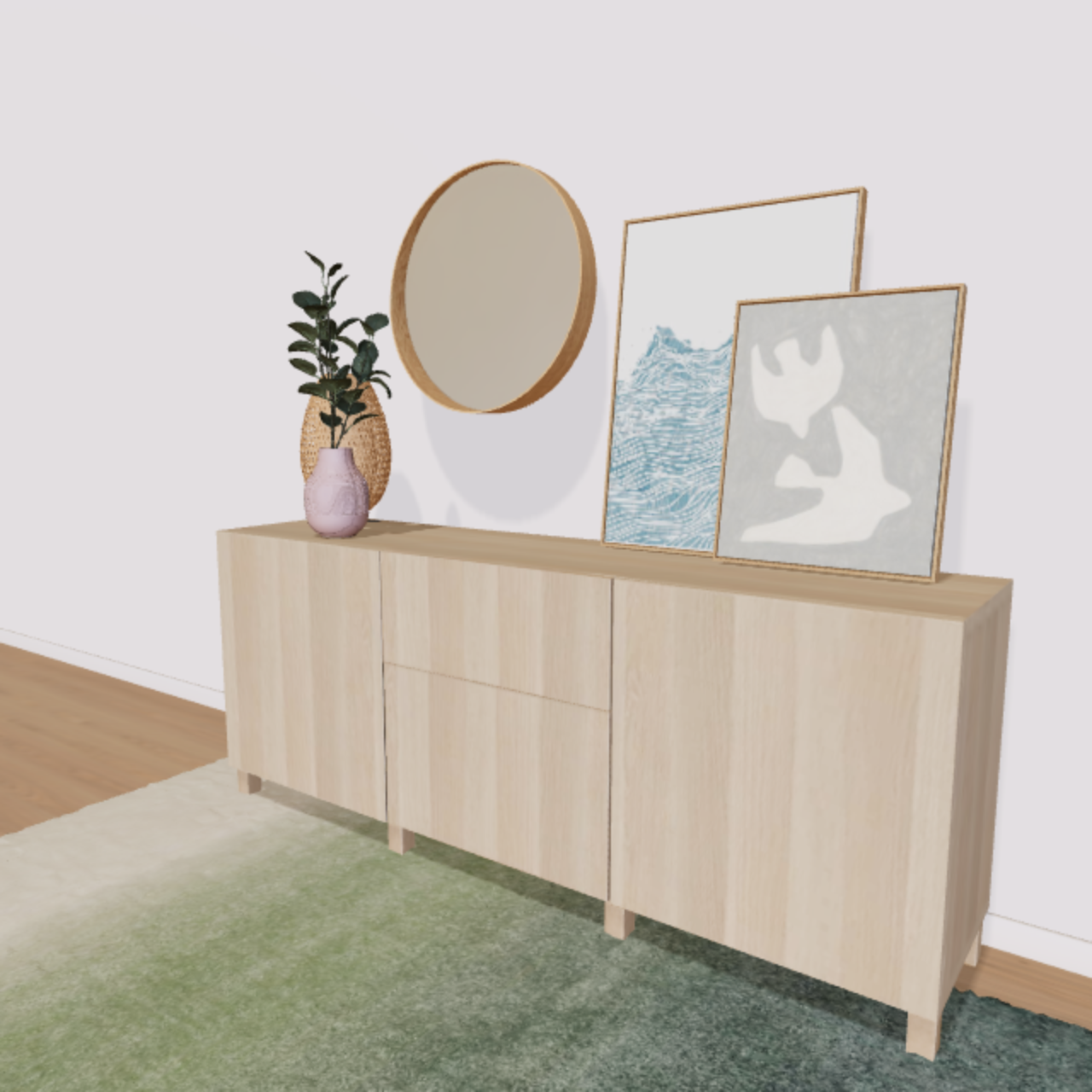 3D showroom render of a sideboard with decorations