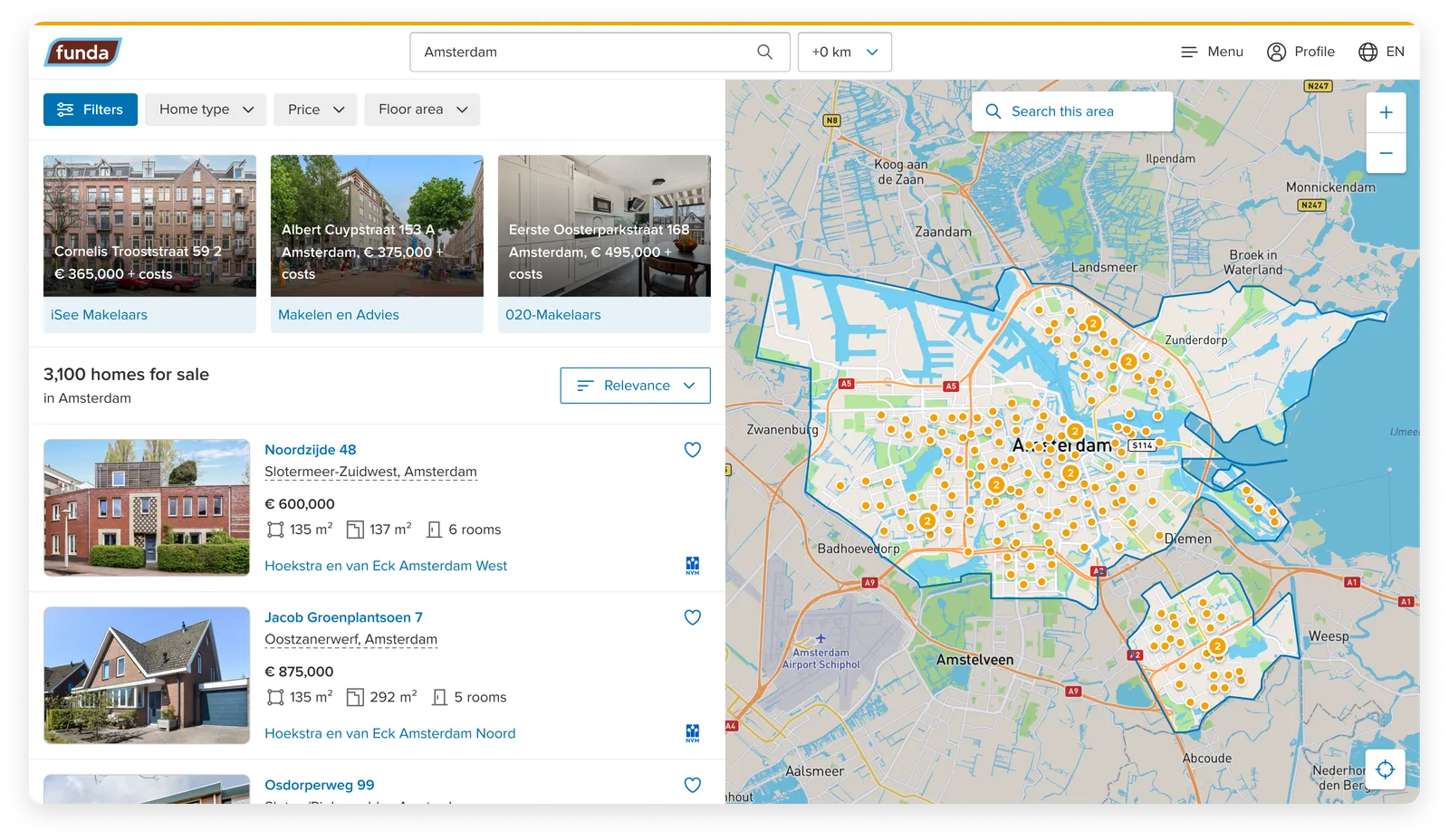 Funda home search results with map