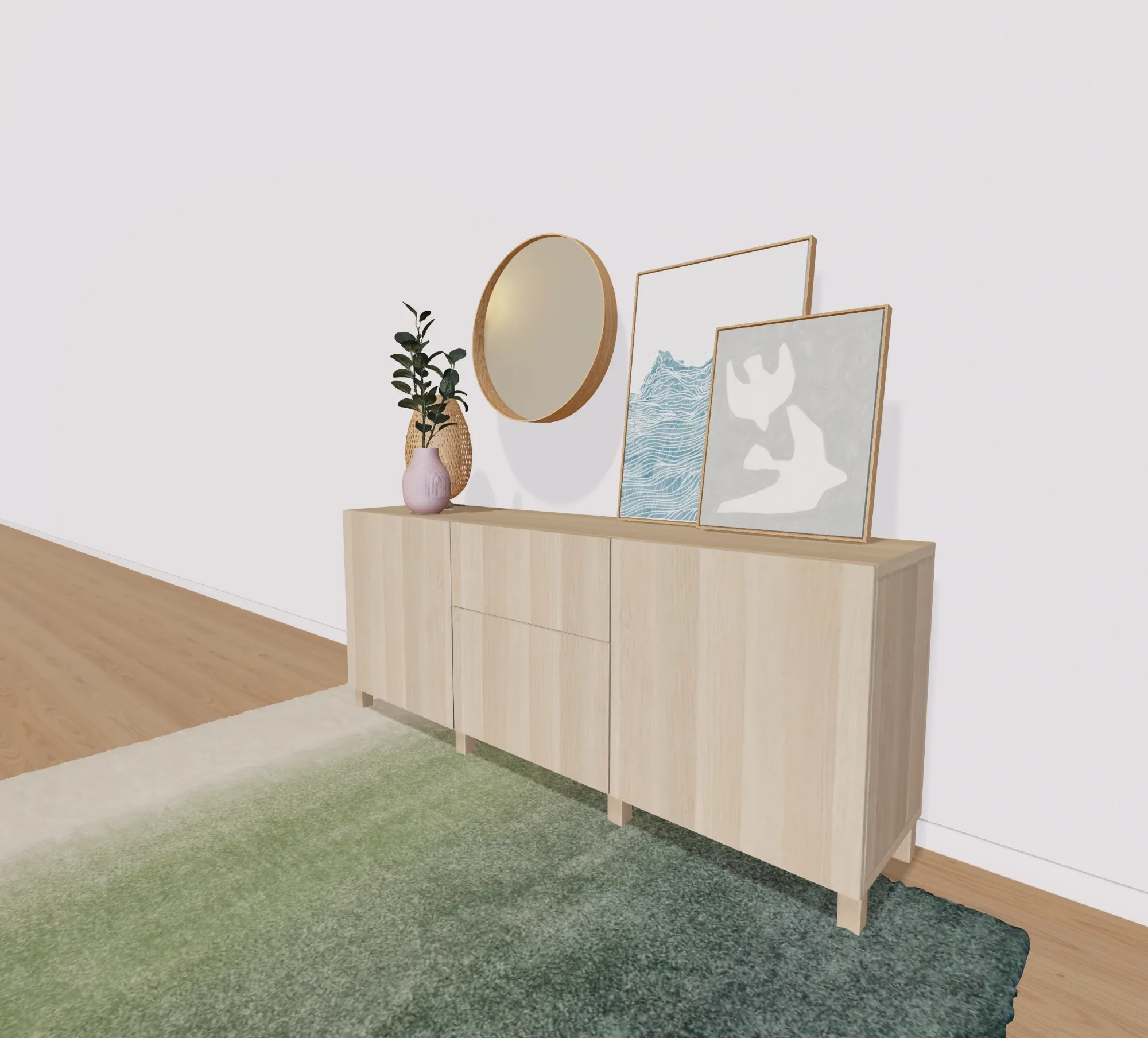 3D showroom render of a sideboard with decorations